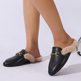 Women's Solid Color Fluffy Flats, Metallic Buckle Decor Comfy Fleece Lining Shoes, Winter Warm Plush Slides Shoes