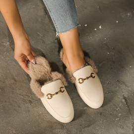 Women's Solid Color Fluffy Flats, Metallic Buckle Decor Comfy Fleece Lining Shoes, Winter Warm Plush Slides Shoes