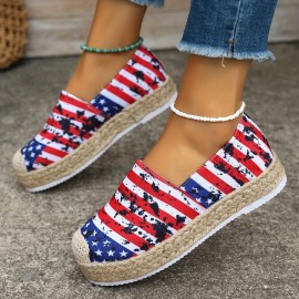 Women's Flag Pattern Espadrille Flats, Casual Round Toe Slip On Flatform Canvas Shoes, Breathable Low Top Shoes