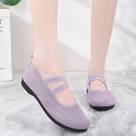 Women's Solid Color Flat Shoes, Breathable Mesh Slip On Shoes, Lightweight & Comfortable Shoes