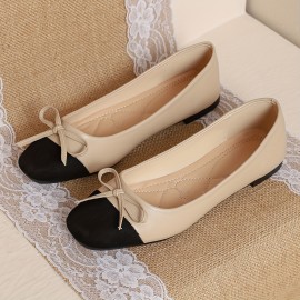 Women's Colorblock Elegant Flats, Bowknot Decor Lightweight Slip On Ballets, Soft Sole Dress Shoes