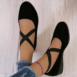 Women's Solid Color Shoes, Slip On Elastic Cross Straps Comfy Soft Sole Shoes, Lightweight Wedge Daily Shoes