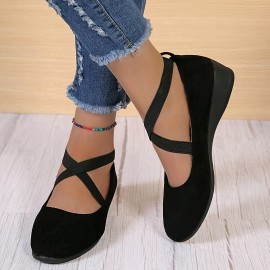 Women's Solid Color Shoes, Slip On Elastic Cross Straps Comfy Soft Sole Shoes, Lightweight Wedge Daily Shoes