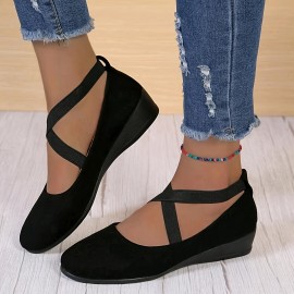 Women's Solid Color Shoes, Slip On Elastic Cross Straps Comfy Soft Sole Shoes, Lightweight Wedge Daily Shoes