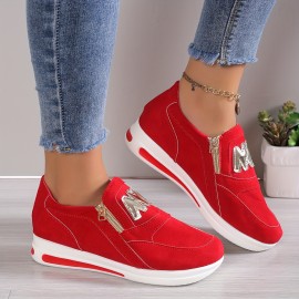 Women's Wedge Heeled Casual Shoes, Platform Zipper Solid Color Sneakers, Women's Comfy Casual Shoes