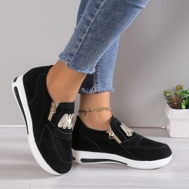 Women's Wedge Heeled Casual Shoes, Platform Zipper Solid Color Sneakers, Women's Comfy Casual Shoes