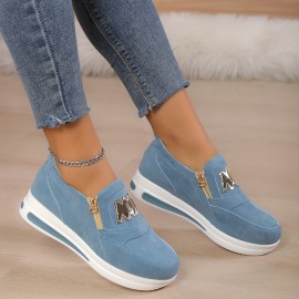 Women's Wedge Heeled Casual Shoes, Platform Zipper Solid Color Sneakers, Women's Comfy Casual Shoes