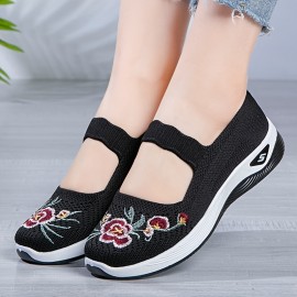 Women's Floral Embroidered Flats, Ankle Band Soft Sole Platform Shallow Mouth Shoes, Low-top Walking Comfy Shoes