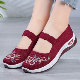 Women's Floral Embroidered Flats, Ankle Band Soft Sole Platform Shallow Mouth Shoes, Low-top Walking Comfy Shoes