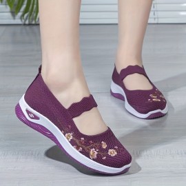 Women's Knitted Flat Shoes, Comfy Floral Embroidered Slip On Shoes, Outdoor Casual & Comfy Shoes