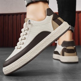 Men's PU Leather Skate Shoes With Good Traction, Breathable Lace-up Sneakers