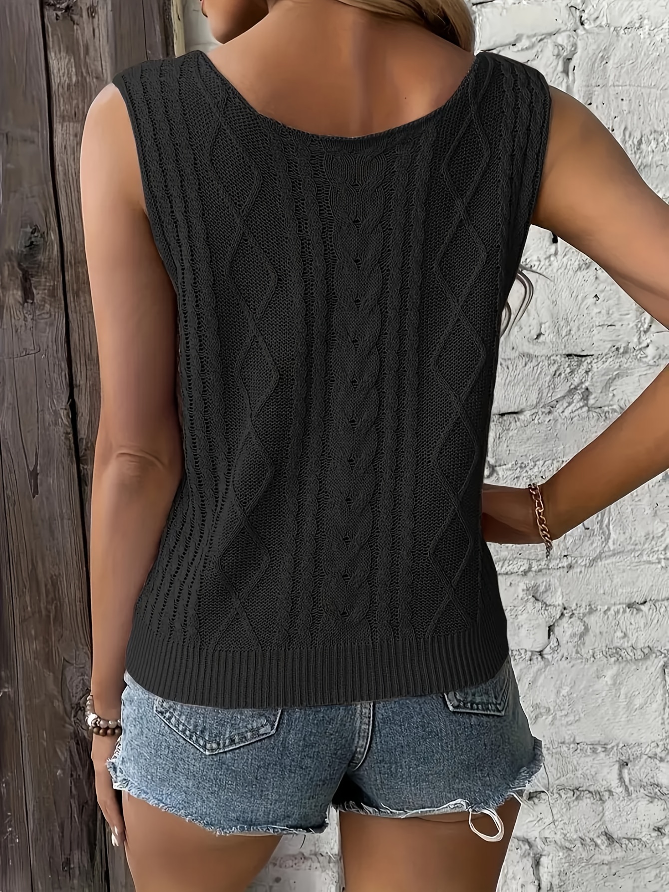 plus size solid cable knit tank top casual sleeveless v neck top for spring summer womens plus size clothing details 2