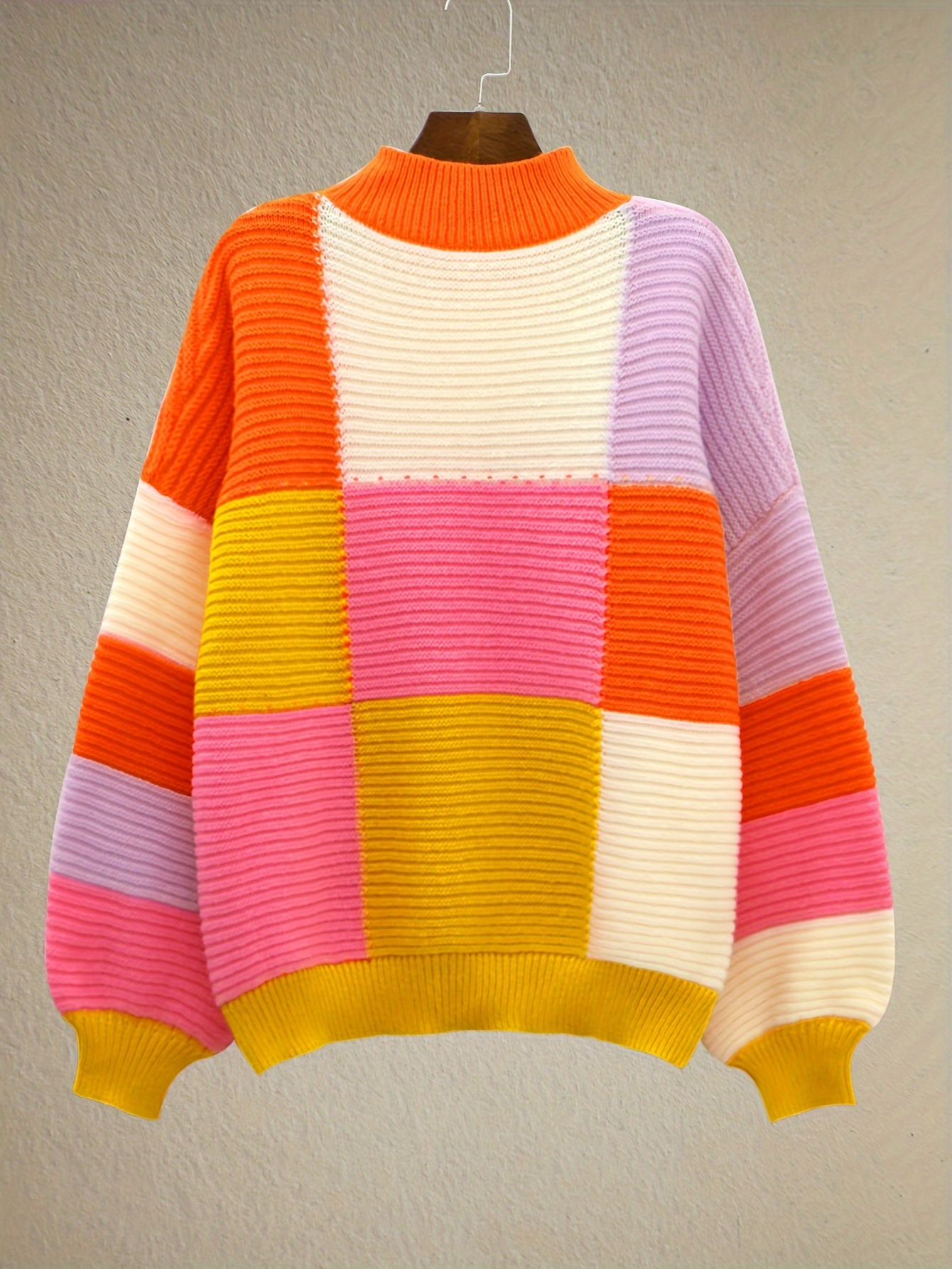 plus size y2k sweater womens plus colorblock grid print lantern sleeve round neck jumper details 3