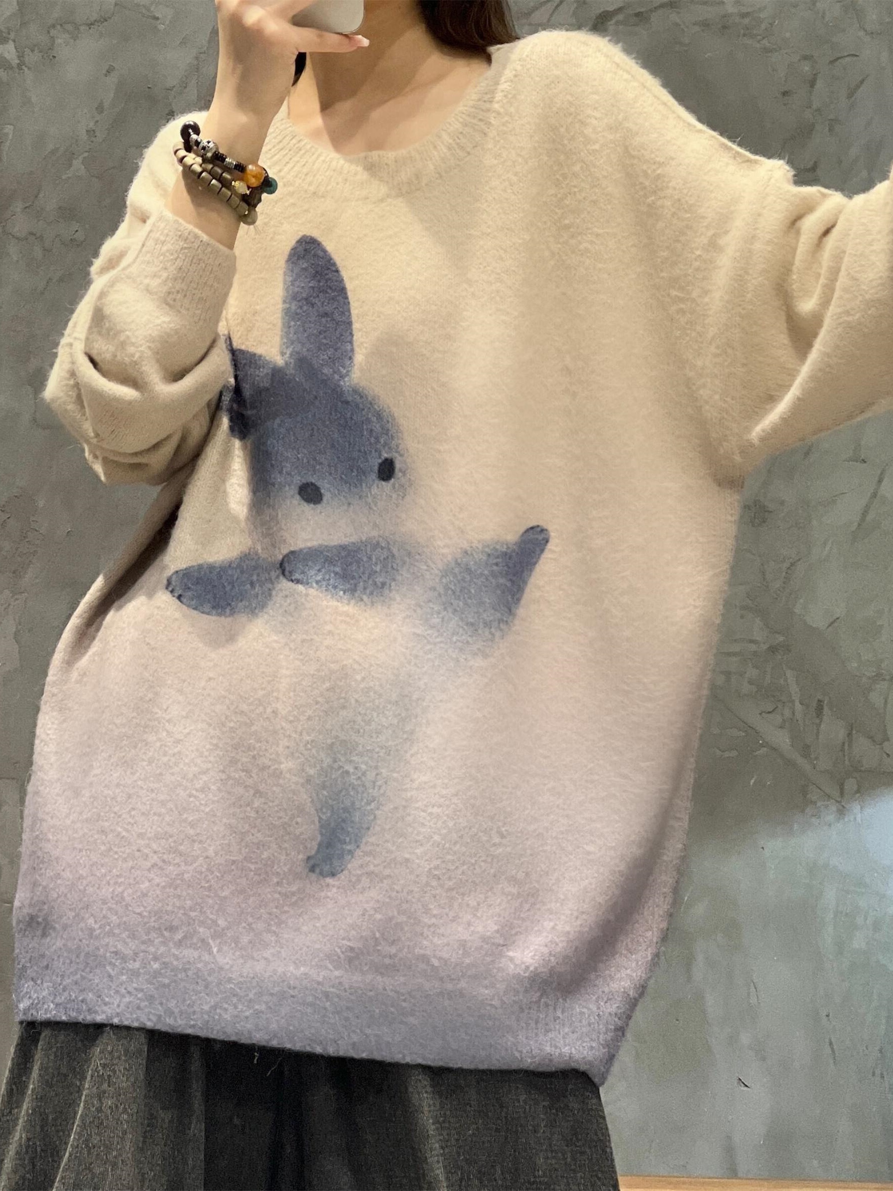 plus size cute sweater womens plus cute rabbit print long sleeve round neck jumper details 2