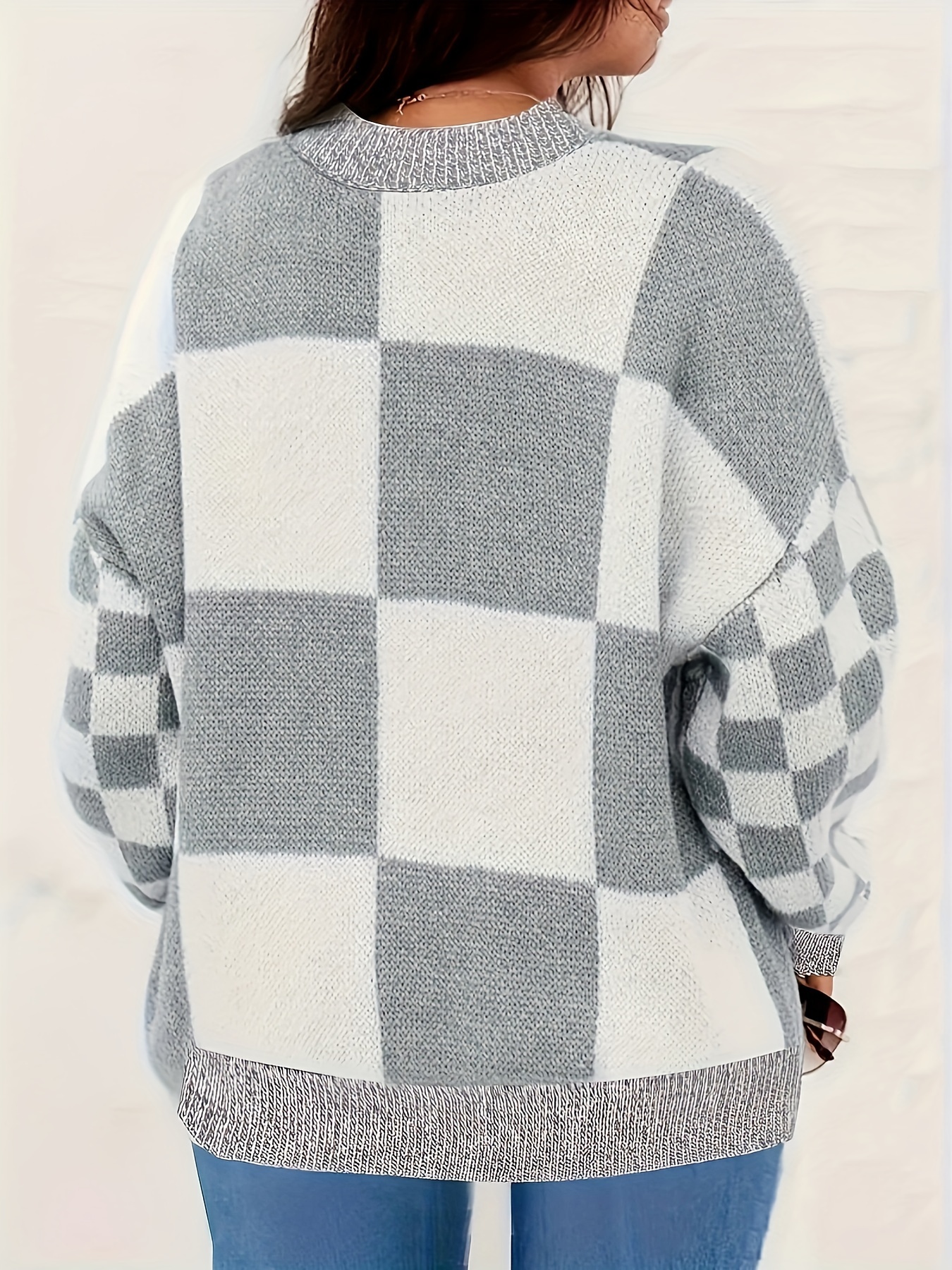 plus size plaid pattern color block sweater casual crew neck long sleeve sweater for fall winter womens plus size clothing details 2