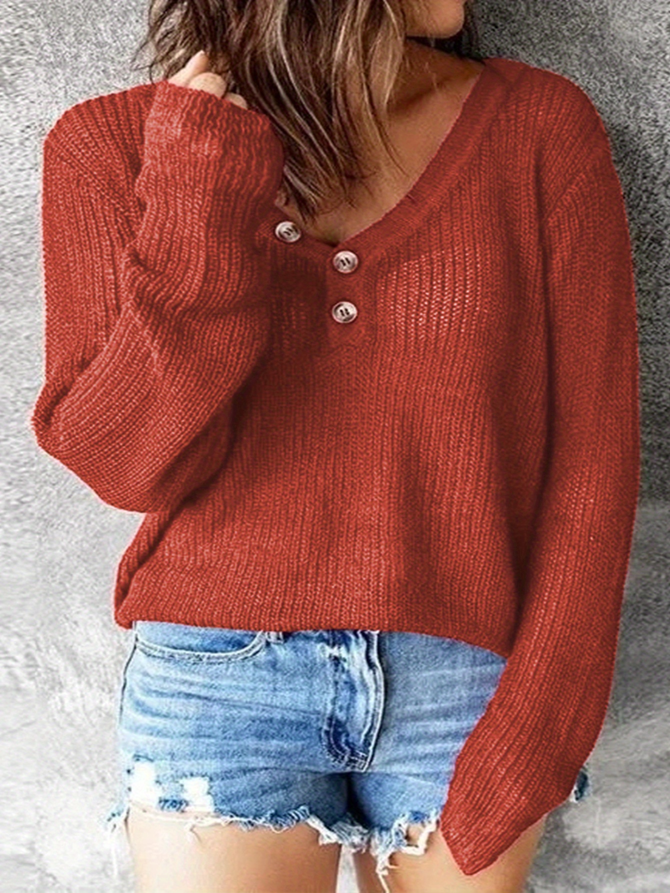 plus size casual sweater womens plus solid button decor long sleeve v neck slight stretch sweater details 0