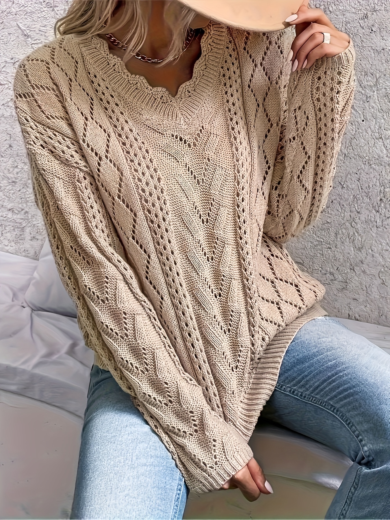 plus size scallop trim cut out sweater casual long sleeve v neck sweater for fall winter womens plus size clothing details 1