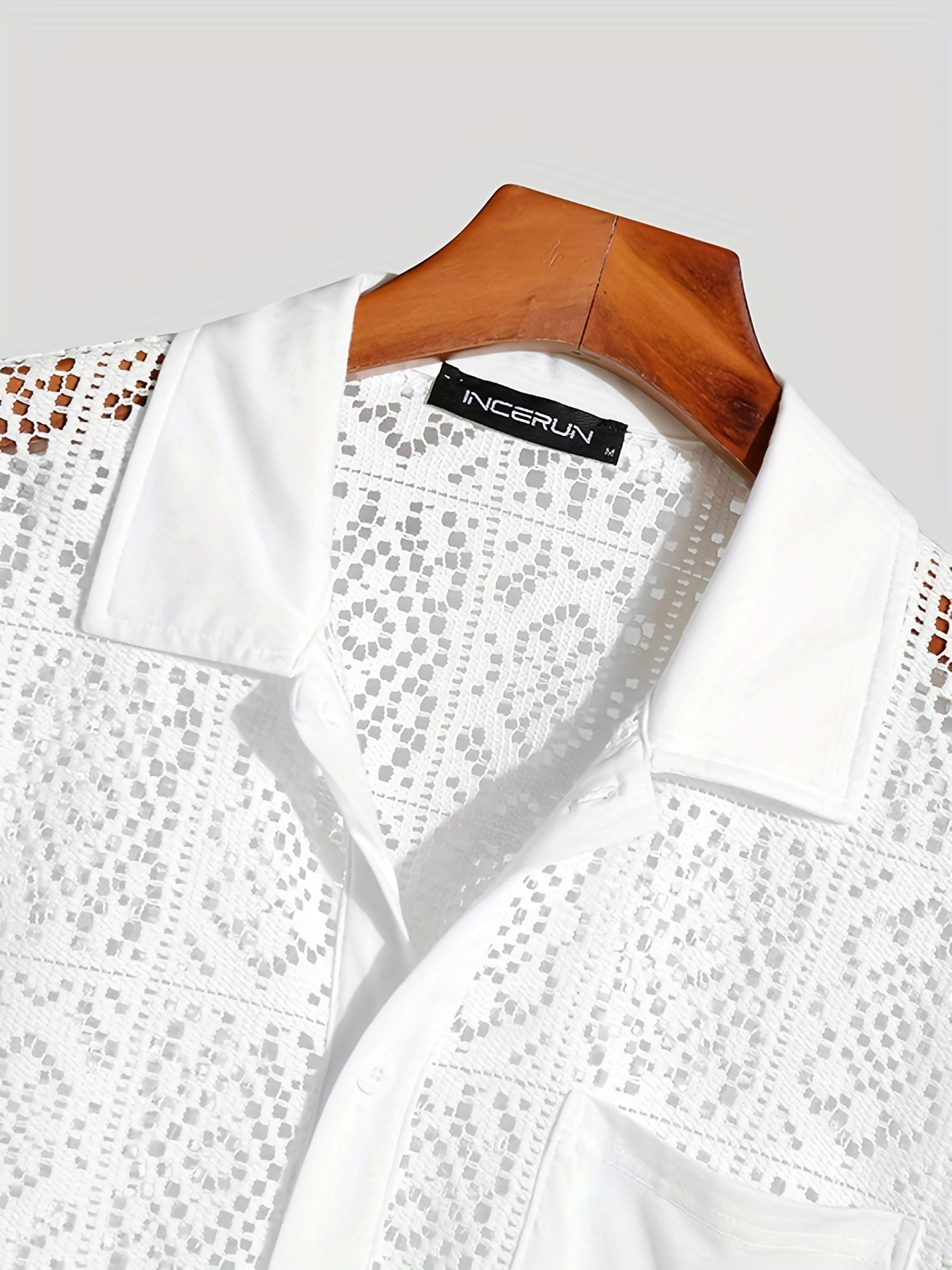 mens shirt top solid lace hollow out design lapel short sleeve closure summer sexy casual button up shirt for men daily coquette style details 2