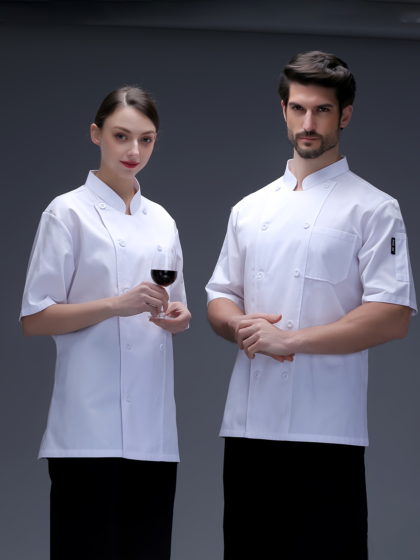 mens chef coat formal solid long sleeve double breasted stand collar coat for kitchen baking chef works in restaurant details 0