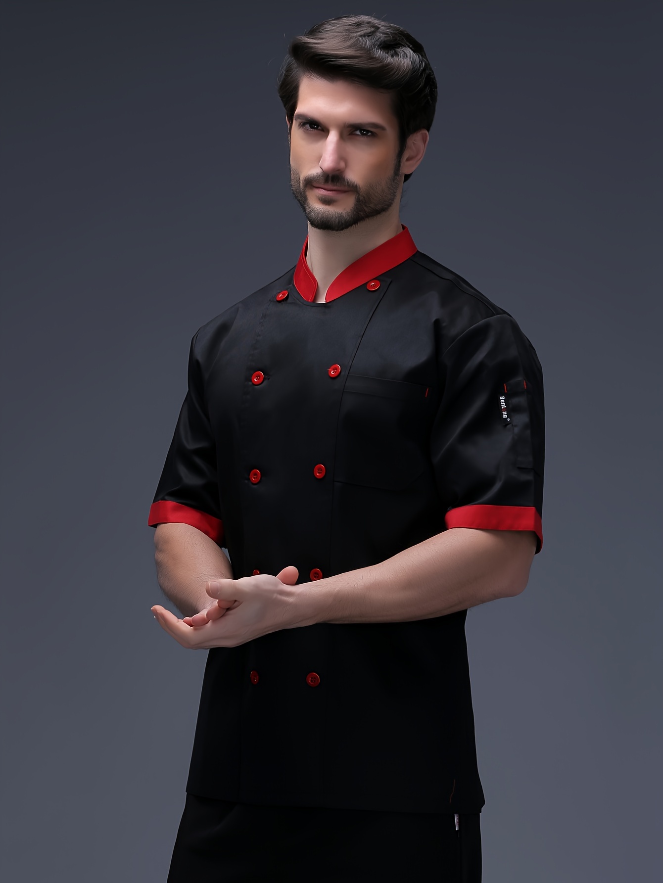 mens chef coat formal solid long sleeve double breasted stand collar coat for kitchen baking chef works in restaurant details 4