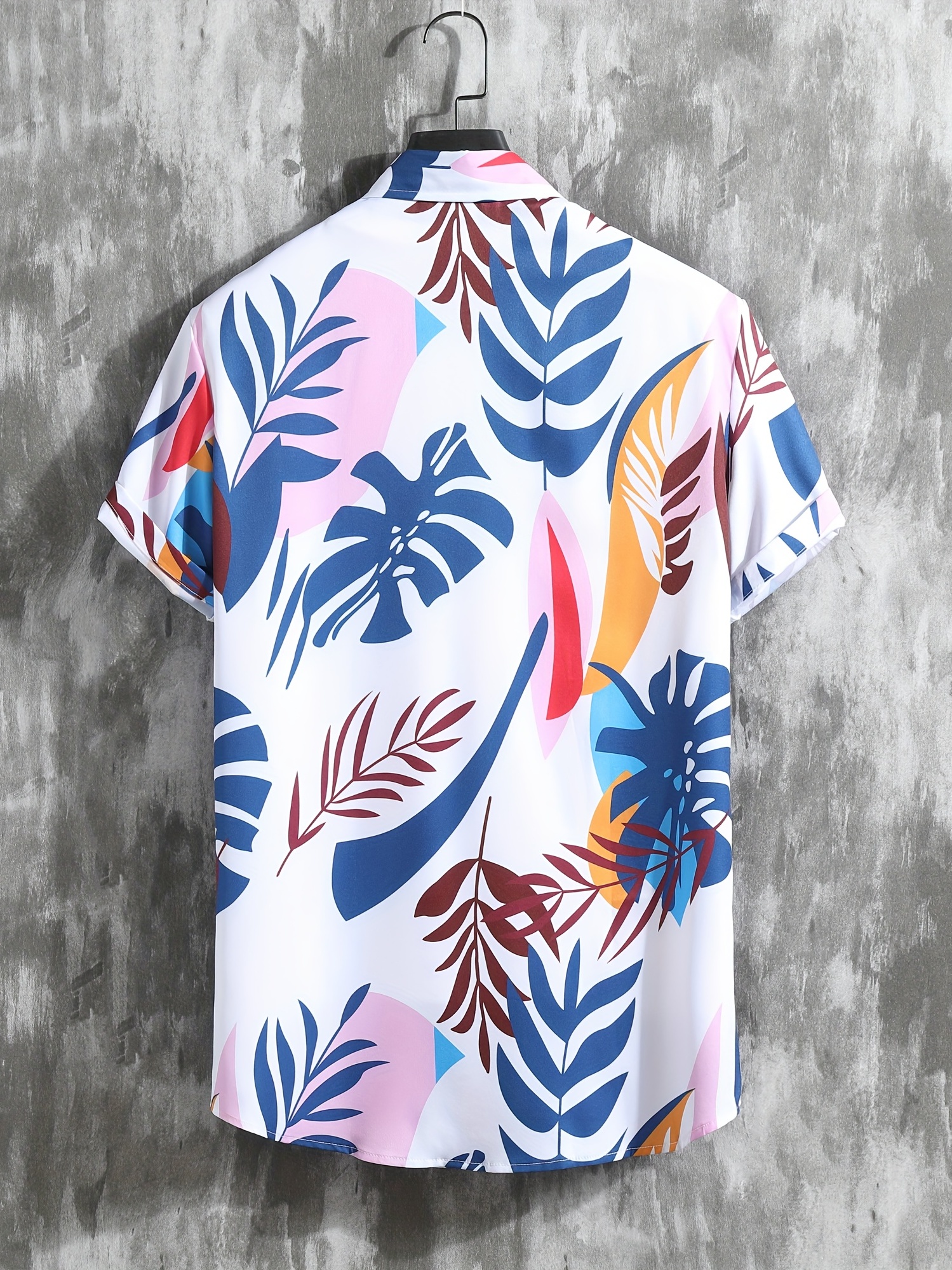 leaf print mens 2pcs outfits casual camp collar lapel button up short sleeve shirts hawaiian shirt and drawstring shorts set for summer mens clothing details 0