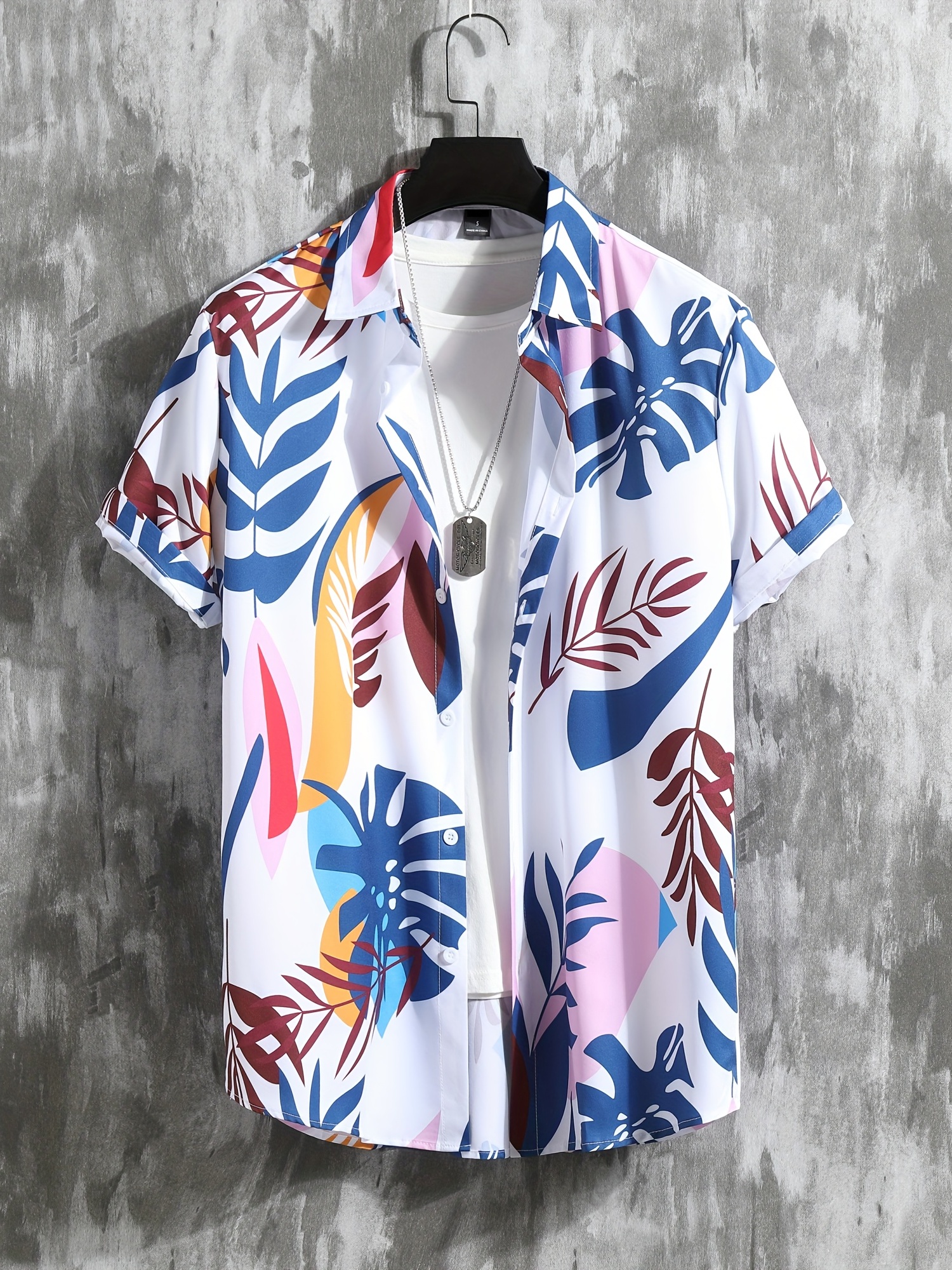 leaf print mens 2pcs outfits casual camp collar lapel button up short sleeve shirts hawaiian shirt and drawstring shorts set for summer mens clothing details 2