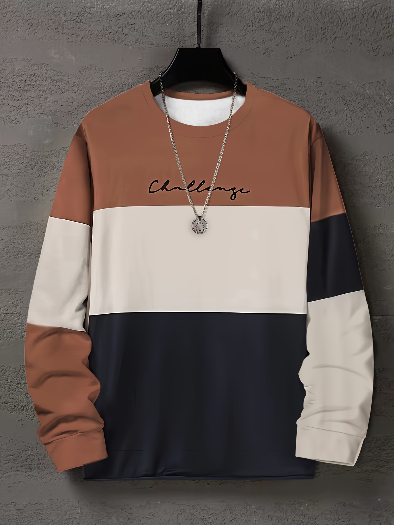 color block trendy sweatshirt mens casual graphic design slightly stretch crew neck pullover sweatshirt for autumn winter details 0