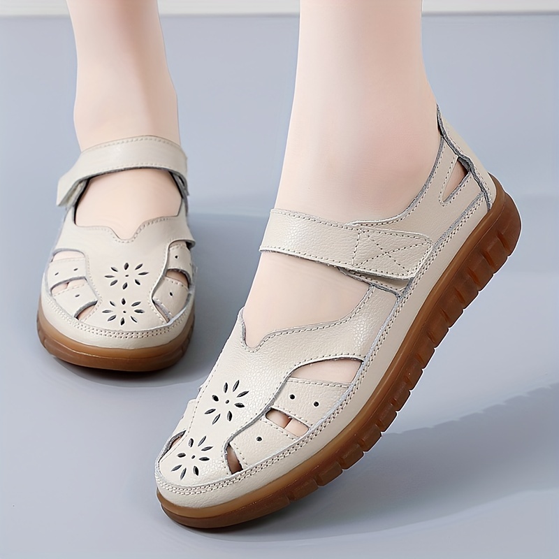 womens solid color comfy flats hollow out soft sole platform casual shoes ankle belt closed toe shoes details 1