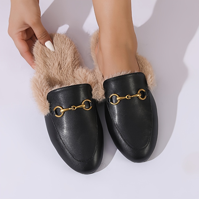 womens solid color fluffy flats metallic buckle decor comfy fleece lining shoes winter warm plush slides shoes details 9