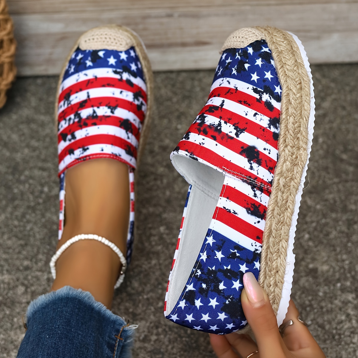 womens flag pattern espadrille flats casual round toe slip on flatform canvas shoes breathable low top shoes details 0