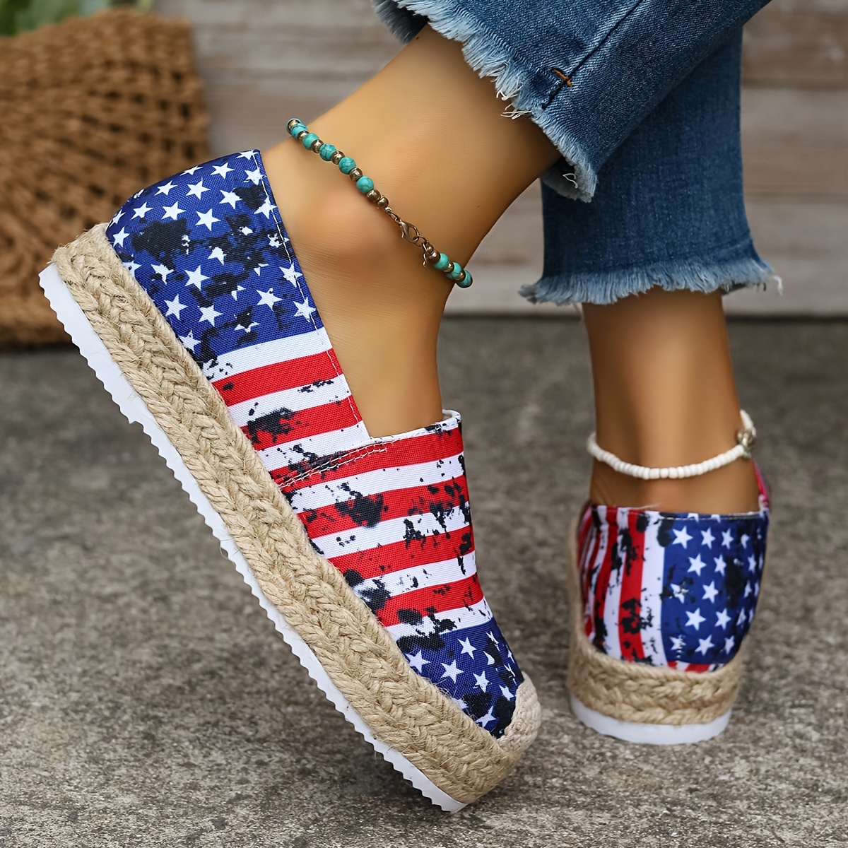 womens flag pattern espadrille flats casual round toe slip on flatform canvas shoes breathable low top shoes details 1