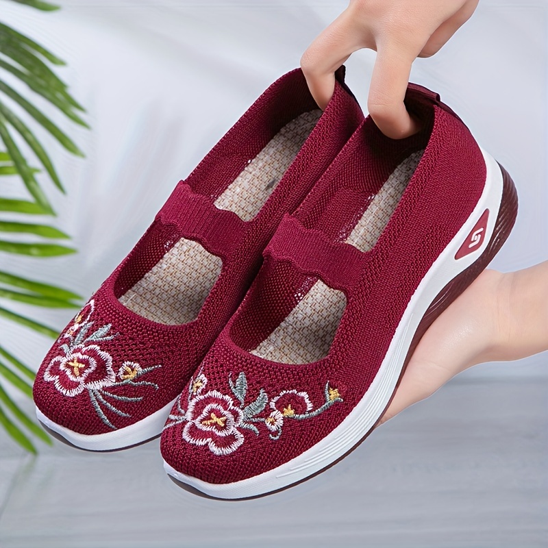 womens floral embroidered flats ankle band soft sole platform shallow mouth shoes low top walking comfy shoes details 4